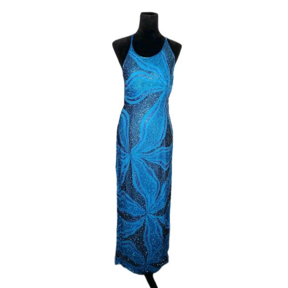 Cache Vintage Beaded Silk Blue Open Back Gown Maxi Dress High Slits Size Large - Picture 1 of 13